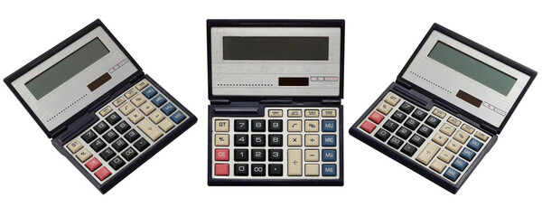 Vintage electronic calculators with large buttons and foldable design