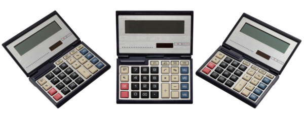 Vintage electronic calculators with large buttons and foldable design