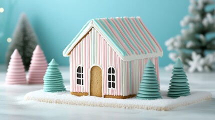 Pastel gingerbread house decorated with light pink, lavender, and mint icing, surrounded by soft snow and mini pastel Christmas trees 