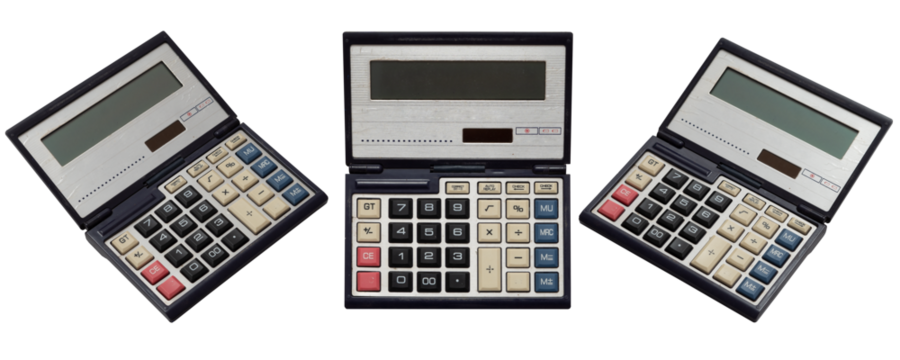 Vintage electronic calculators with large buttons and foldable design