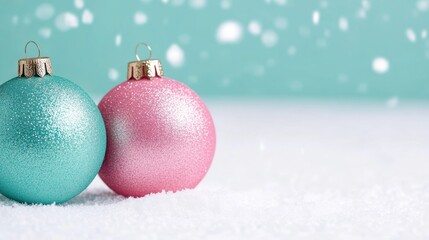 Pastel pink and mint Christmas baubles nestled in a soft snow setting, with delicate snowflakes falling around, creating a dreamy holiday scene 