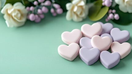 Fototapeta premium Pastel Valentine’s card with light pink and lavender hearts, sitting on a mint green table with delicate floral decorations, ready for a heartfelt message 