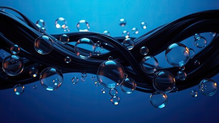 Bubbles with black hair, 3D Collagen serum, and vitamin hyaluronic acid skin care solution background, Close-Up of Bubbles on Curved Black Fibers with Gradient Orange Light