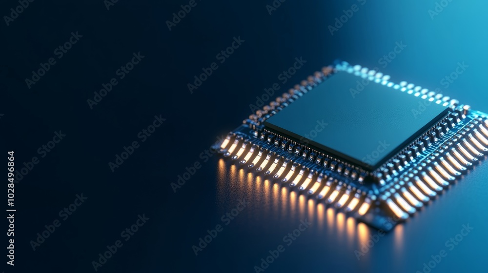 Poster quantum computer chip with floating ai neural networks, glowing with energy, set against a sleek blu