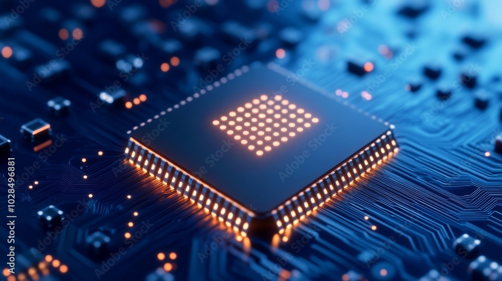 Poster quantum computer chip with floating ai neural networks, glowing with energy, set against a sleek blu