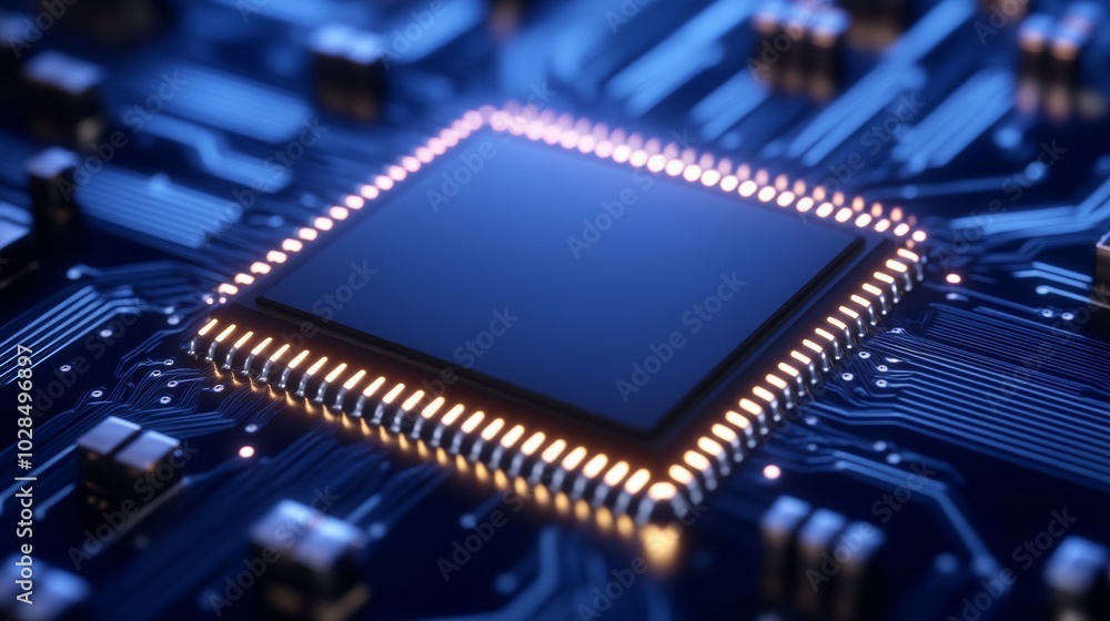 Poster quantum computer chip with floating ai neural networks, glowing with energy, set against a sleek blu