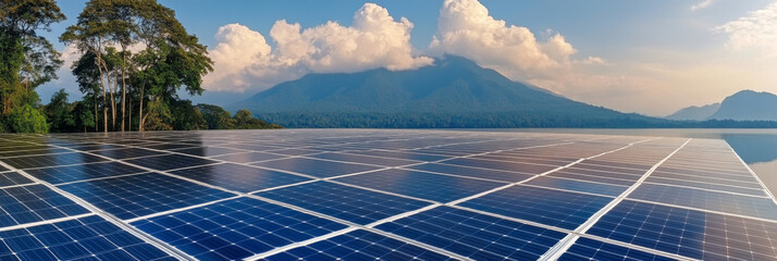 Expansive solar panels in a scenic landscape.