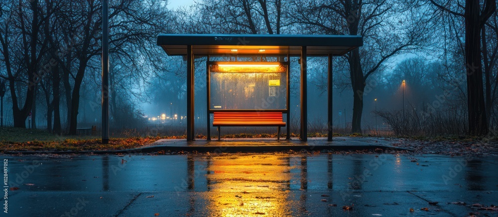 Poster a bus stop shelter with a single bench in the middle of a forest at dusk. the shelter is illuminated