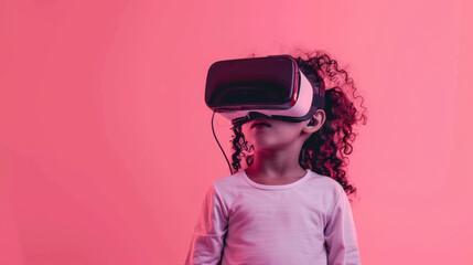 child with curly hair is immersed in virtual reality experience, wearing VR headset against vibrant pink background. scene captures excitement and wonder of technology