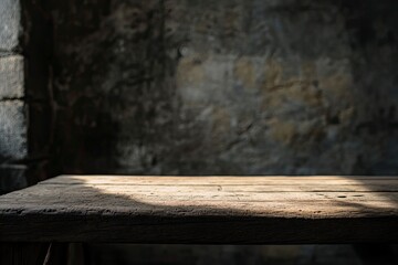 Old wood table with blurred concrete block wall in dark room background. with generative ai