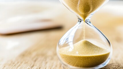 Stock photo of a mesmerizing hourglass captured in a closeup shot, showcasing the intricate movement of golden sand grains trickling down