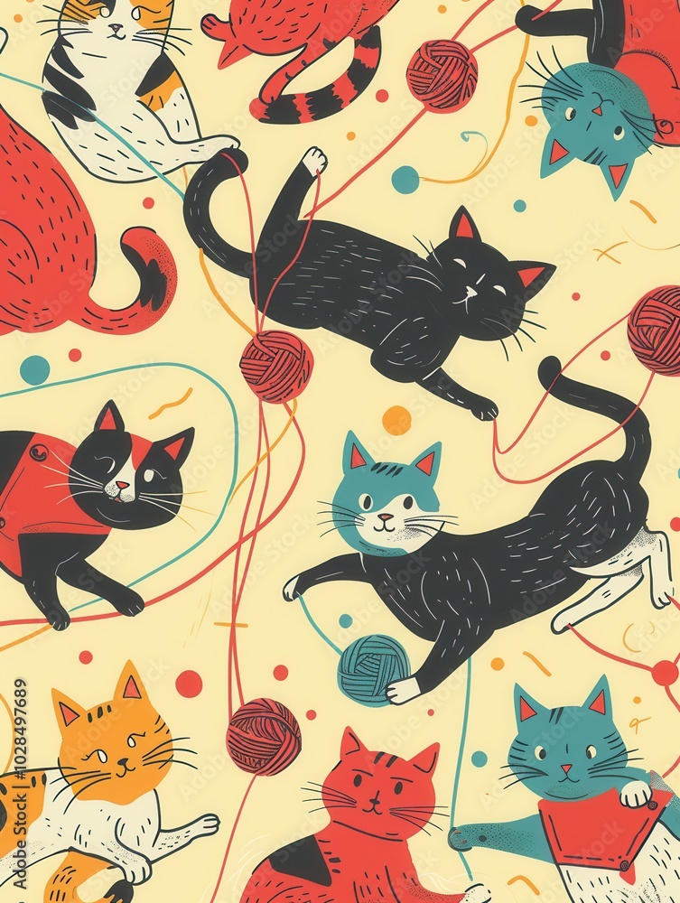Poster Multiple cats engage joyfully with assorted toys, including yarn and balls, creating a lively atmosphere of play and fun. Generative AI