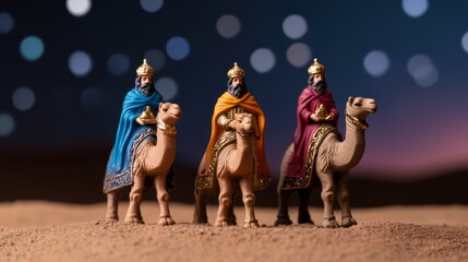 Three Kings in ornate robes, holding gifts of gold, frankincense, and myrrh, riding camels under a star-filled sky during their journey 
