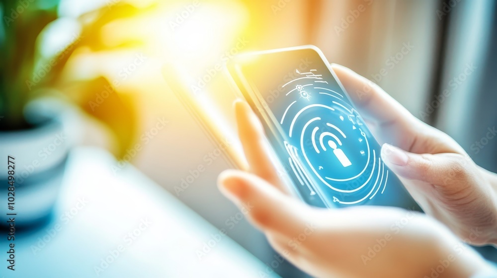 Poster a close-up of hands holding a smartphone displaying a digital lock symbol, representing security and