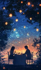Couple dining under starry sky with lanterns.