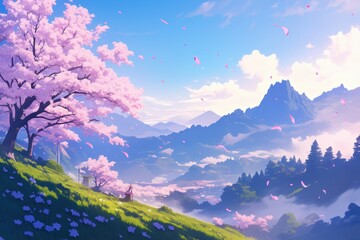 A misty valley in early spring where delicate cherry blossoms bloom on branche