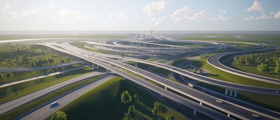 A massive tollway interchange under construction with highways and intricate design elements