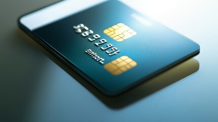 Close-up of a modern credit card showcasing a sleek design and chip technology on a reflective surface.