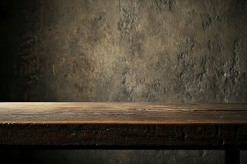 Old wood table with blurred concrete block wall in dark room background. with generative ai