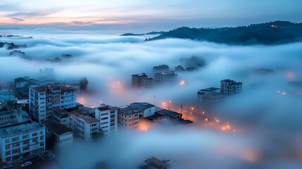 Fototapeta premium Dense fog covering a coastal town at dawn, foggy weather, quiet and eerie