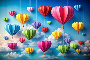 Heart-Shaped Origami Hot Air Balloons in a Blue Sky - Paper Art Style, Colorful, Whimsical, Dreamy, Nature-Inspired, Decorative, Craft, Air Travel, Love, Joy