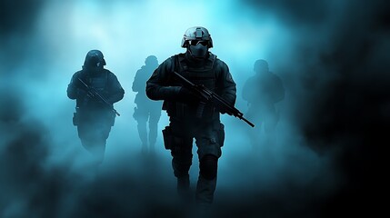 Fototapeta premium A dramatic and cinematic shot of a modern warfare soldier leading his allies through a dense fog, their silhouettes blending into the gloomy and foreboding background