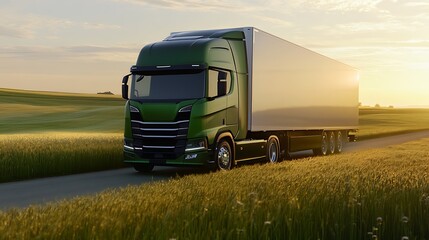 Against the backdrop of a stunning sunrise, a sleek green transport truck navigates through a field of tall grass and wildflowers, the soft light painting the scene with a golden hue