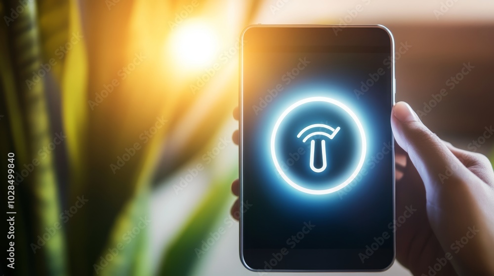 Poster a hand holding a smartphone displaying a glowing touchscreen interface, representing modern technolo