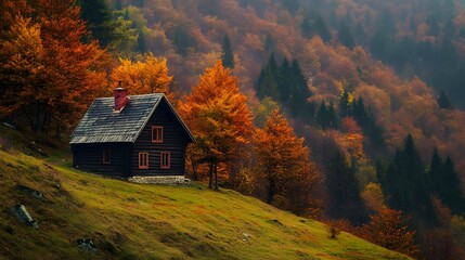 131. A lonely cabin on a hilltop, surrounded by autumn foliage