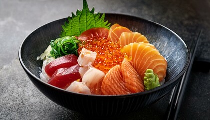 シャリの上にサーモン、マグロ、ホタテ、卵などの生魚介類を丁寧に盛り付け、イクラや大葉の千切りをあしらったちらし寿司です。