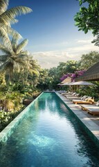 Obraz premium Poolside lounge chairs with a view of lush greenery.