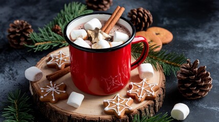 Festive Winter Beverage: Hot Chocolate with Cinnamon and Marshmallows