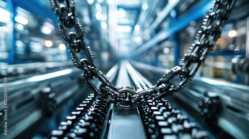 Poster a factory assembly line with interconnected chains, representing the mechanics of industrial product