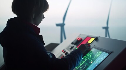 A technician operates a control panel with various displays, managing wind turbines in a modern energy environment.
