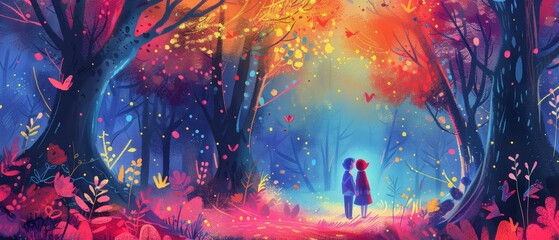 Obraz premium Two Figures in a Colorful Enchanted Forest Scene