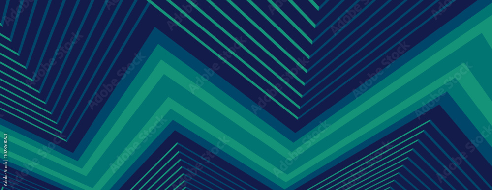 Poster geometric waves. a vivid design featuring sharp, angled lines in gradients of green and blue, creati