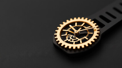 Close-up of a gold and black wristwatch with intricate gears.