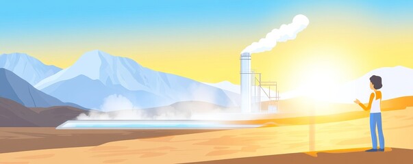 Obraz premium A scenic view of a person admiring nature with a geothermal plant in the background, showcasing eco-friendly energy production.