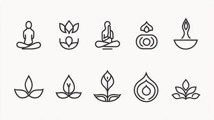2410_050.a grid of yoga and meditation retreat symbols in minimalist thin black lines, including a lotus flower, yin yang, meditation pose, hand gestures, and aromatherapy elements the icons are