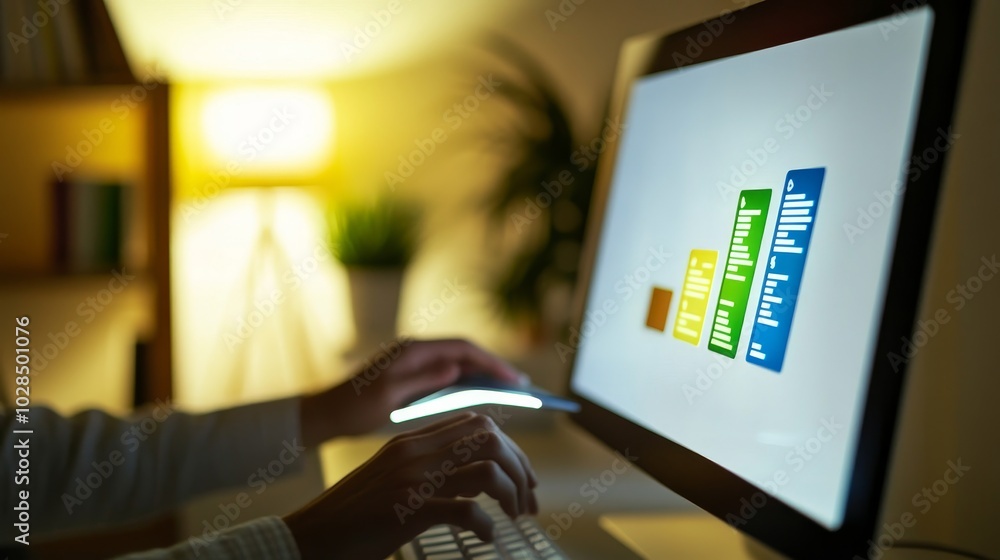 Poster a person using a computer at night, highlighting productivity and technology in a cozy workspace set