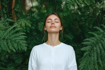 Naklejka premium Woman with Closed Eyes Surrounded by Lush Green Foliage Tranquility Nature Serenity Re