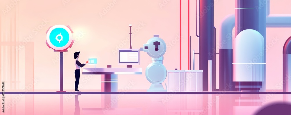 Poster a futuristic scene depicting a robotic arm assisting a human worker in a high-tech environment with 