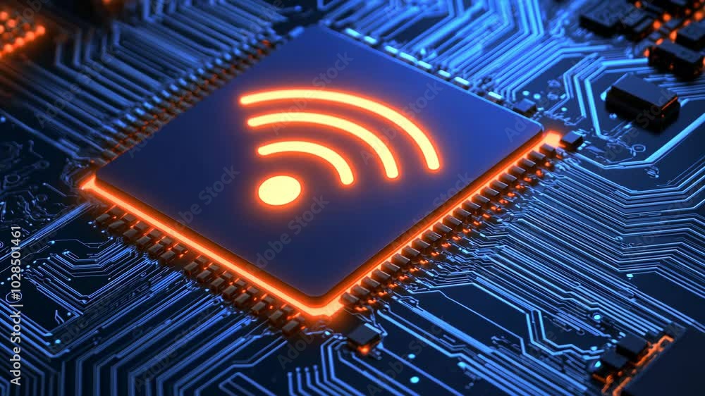 Poster a close-up of a circuit board with an illuminated wifi symbol