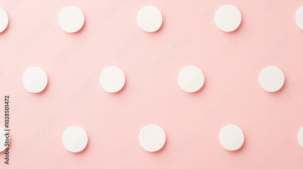Poster white circles arranged in a symmetrical pattern on a pink background.