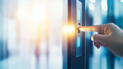 A close-up of a hand pressing a button on an elevator control panel, symbolizing technology and modern convenience.