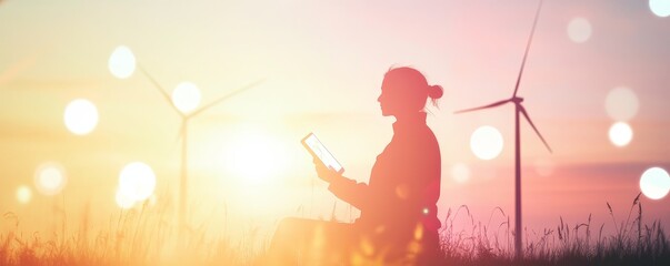 Silhouette of a woman holding a device against a serene sunset backdrop with wind turbines, symbolizing innovation and sustainability.
