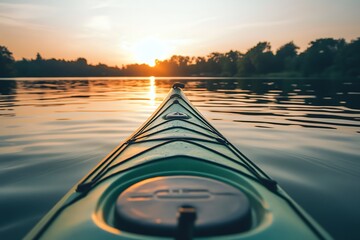 A green kayak on a lake at sunset