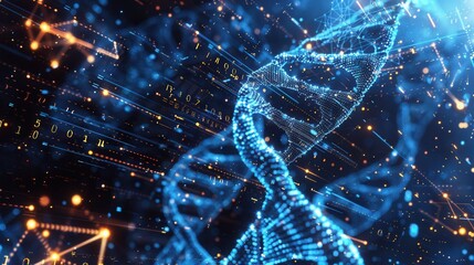 This artwork features a three-dimensional DNA strand overlaid with flowing data streams and binary code, illustrating genetic complexity. Generative AI