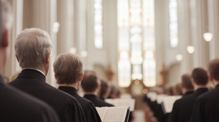 Portrait of a church choir singing carols under stained glass windows photo