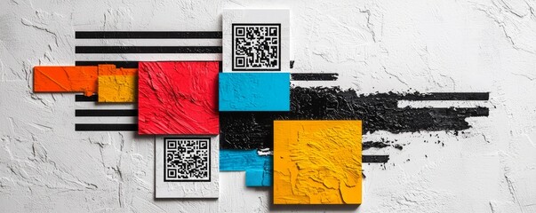 Abstract composition with colorful blocks and QR codes on a textured background. Creative mix of color and technology.
